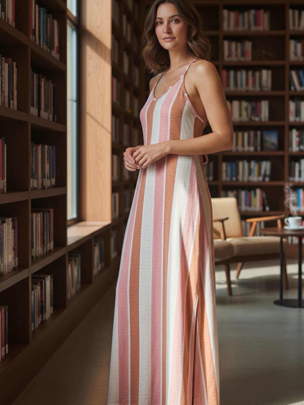 Roxy Striped Maxi Dress in Peach, Pink, and Cream